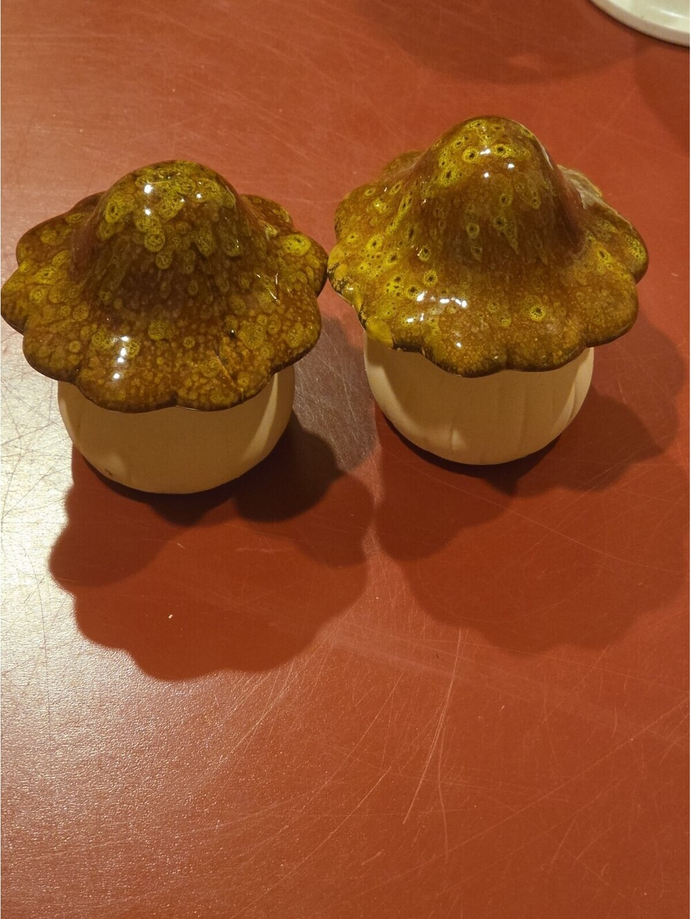 Vintage Drip Brown Spotted Glazed Ceramic Mushrooms. 2 Garden Pottery